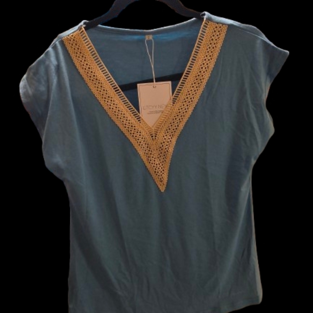 Blue Cap Sleeve Blouse with Textured V-Neckline